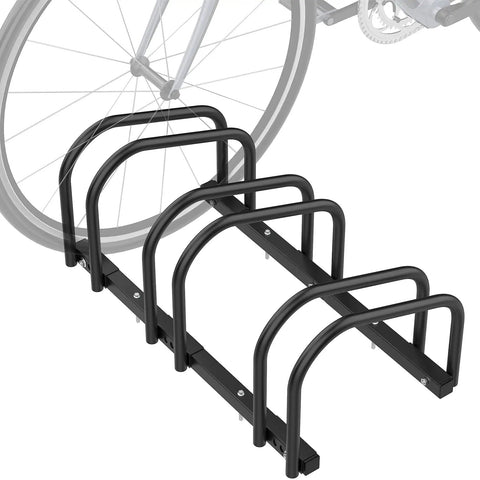 Three Bike Floor Stand For Garage And Home, No Fuss Parking Rack For Indoor Outdoor Storage, Fits 22 To 28 Inch Wheels in black metal
