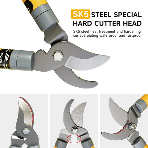 Close-up of SK5 steel blade on Extendable Loppers For Tree Trimming 16 To 24 Inch Adjustable Handle With One Point Five Inch Cutting Capacity Heavy Duty Garden Shears Pruning Tool For Tall Branches And Thick Limbs Yard Work Ready showcasing rustproof cutter head.