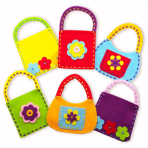 Colorful felt bags from Beginner Sewing Kit For Kids Ages 6 And Up Kid Friendly Sew Your Own Felt Bags With Handles Screen Free