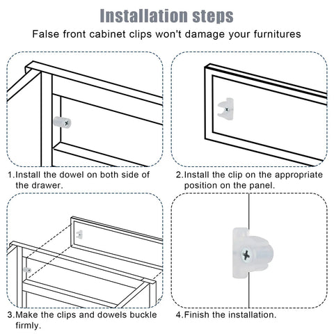 Installation steps for 10 Pack Acrylic False Front Cabinet Clips With Screws For Kitchen Cabinets And Drawers, showing panel and clip-installation.