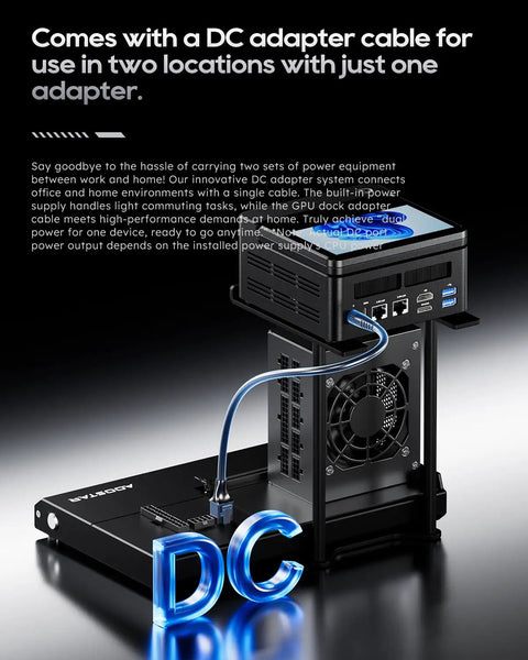 Rig Ready External Gpu Docking Station Equipped With Dual Thunderbolt 5 And OcuLink Pcie 4.0 X4 Ports showing DC adapter cable for power.