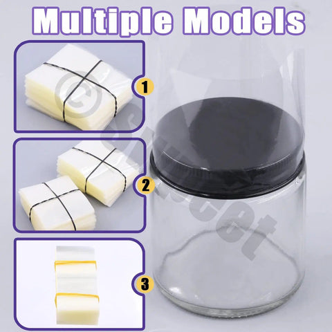 Clear PVC Heat Shrink Bottle Bands Kit With 1250 Pcs DIY Friendly Five Sizes on jar and bundled stacks