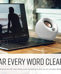 Pebble V3 2.0 USB C Desktop Speakers With USB Audio And Bluetooth 5.0, Crisp Dialog Boost, on a desk with laptop