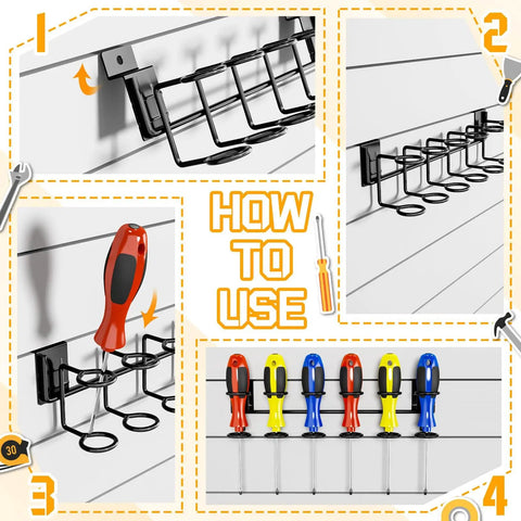 2 Pack Slatwall Tool Holders For Screwdrivers And Pliers Heavy Duty Galvanized Metal Slatwall Hooks installed with tools