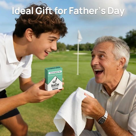 A young man giving an elder a pack of Funny Golf Tees Set With Flip Open Box 18 Pack Premium Three And A Quarter Inch Tees on a golf course.