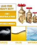 Heavy Duty Brass Gate Valve With Dead Nuts Shutoff And Knockout Full Bore Flow Featuring 1-1/2 Inch Precision Npt Threads for industrial and food use.