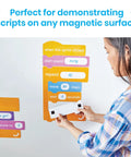 Block Based Coding Magnetic Demonstration Set For Kids Learn To Code With Scratch Style Activities in use on a whiteboard.