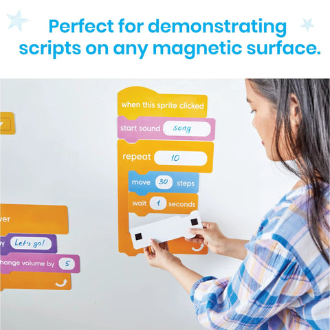 Block Based Coding Magnetic Demonstration Set For Kids Learn To Code With Scratch Style Activities in use on a whiteboard.