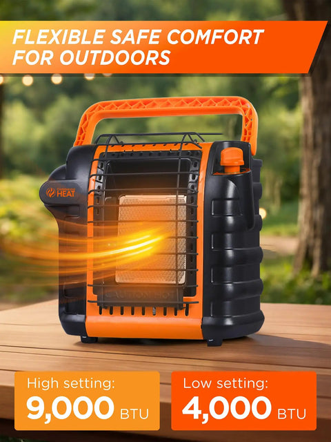 9000 BTU Portable Propane Heater for Outdoor Use that Kicks Heat Up to 300 Sq Ft, Two Heat Settings, Swivel Regulator, Orange