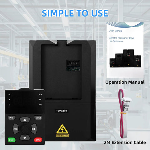 Heavy Duty 11kW 15HP VFD Inverter for 380V 440V Three Phase Power, display panel, manual, and extension cable in industrial setting