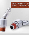 One Quarter Inch Swivel Air Plug Quick Connect Fitting For Air Hoses And Compressors, 360 Degree Rotatable Ball Swivel, Industrial M Style Connector Compatible With IM Air Couplers And Standard Air Hoses. 1/4 in iron air plug with threaded end