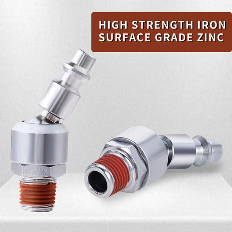 One Quarter Inch Swivel Air Plug Quick Connect Fitting For Air Hoses And Compressors, 360 Degree Rotatable Ball Swivel, Industrial M Style Connector Compatible With IM Air Couplers And Standard Air Hoses. 1/4 in iron air plug with threaded end
