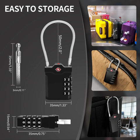 Two Pack TSA Approved Luggage Locks With Flexible Steel Cable, 4 Digit Resettable Padlocks For Suitcases, Backpacks, Gym Bags And Travel, Features Red Inspection Alert For Easy TSA Checks