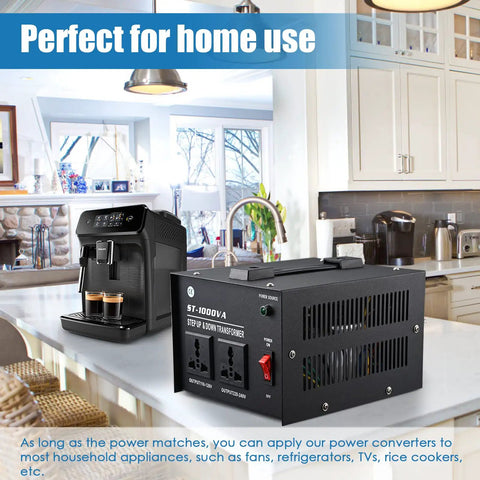 Beast 1000 Watt Step Up And Step Down Voltage Converter With Dual Output and coffee maker on kitchen counter