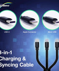 Dope Retractable USB C Cable For Motion Boom Speaker 100W Fast Charge 3 In 1 USB C USB A Micro USB Five Preset Lengths From 10 To 42 Inches Tangle Free Portable Charger Cord Jet Black, 3-in-1 connector close-up