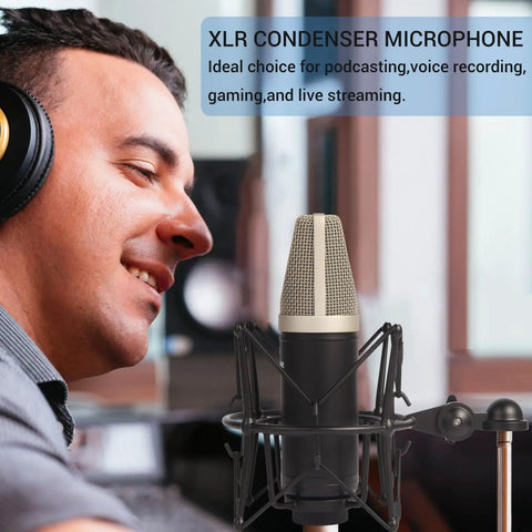 Musician using Condenser XLR Microphone With Large Diaphragm Cardioid Studio Mic Kit Including Shock Mount For Studio Recording Live Streaming Podcasting Voiceover And YouTube Black
