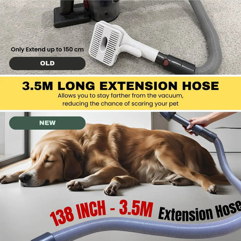 Dog being groomed with Go To Pet Grooming Vacuum Attachment With Extension Hose for V7–V15, hose extended to 3.5m
