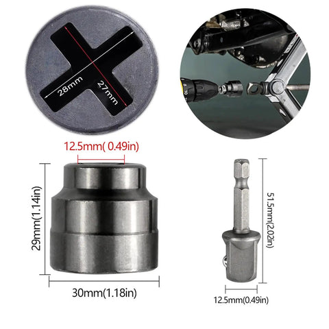 Heavy Duty Scissor Type Car Jack And Socket Converter For Quick Tire Swap, Sleeve Adapter shown with drill attachment