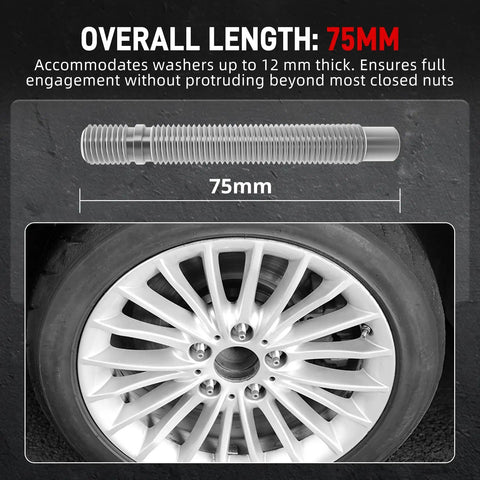 Solid 75mm Wheel Stud Conversion Kit Made From Heavy Duty 4135 CrMo Steel With Tough M12 Thread Perfect For Most E-Series Chassis Vehicles And Big Rims 75mm wheel stud and fitted wheel view