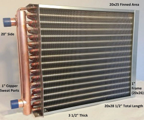 Built Tough 20x25 Water To Air Heat Exchanger featuring heavy duty front flange and dead simple install kit, 3.5" thick.