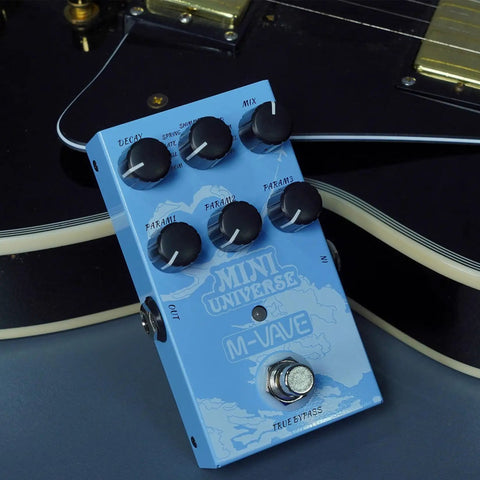 Dope Compact Guitar Reverb Pedal With 9 Digital Effects Room Hall Plate Spring Shimmer Cloud Bloom Swell And Lo Fi For Electric Bass And Acoustic Guitars True Bypass Dual Power Metal Enclosure on blue guitar with knobs