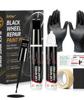 Straight From The Shop Matte Black Rim Repair Kit For Fixing Alloy Wheel Curb Rash With Two Scratch Resistant Touch Up Paint Pens And Gnarly Tool Set For Daily Rides, paint pens and gloves shown with packaging.