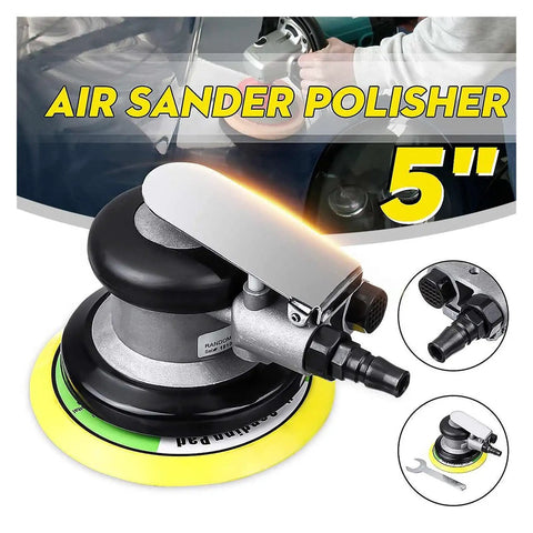 Portable 5 Inch Random Orbital Air Sander Polisher With 10000 RPM Low Noise Ergonomic Grip For Cars Glass Furniture Plastics And Paint Polishing Buffing And Waxing Faster Than Hand Polishing displayed with accessories.
