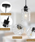 Two Pack Black Hammered Glass Pendant Lights With Adjustable Cords For Kitchen Island showing ceiling base and glass cover detail.