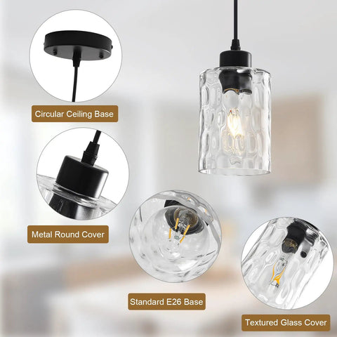 Two Pack Black Hammered Glass Pendant Lights With Adjustable Cords For Kitchen Island showing ceiling base and glass cover detail.