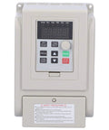 Front view of white variable frequency drive (VFD) with digital display and control keypad