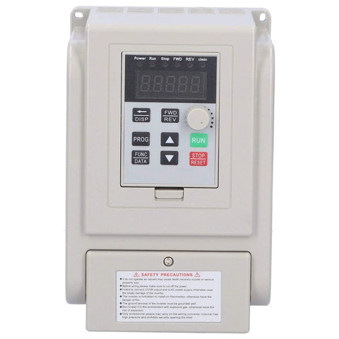 Front view of white variable frequency drive (VFD) with digital display and control keypad