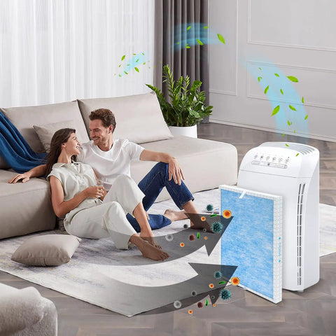 Couple relaxing with MSA3 Filter Replacement 4 Pack For Membrane Solutions MSA3 And MSA3S Smart Purifiers in room