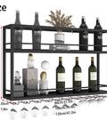 Top Shelf Wall Mounted Wine Rack With Dual Tier Wood And Metal Shelves For Bottles And Glasses Hella Ready Home Bar Display Stand That Knocks It Out Holding Your Liquor Collection In Matte Black with dimensions shown.