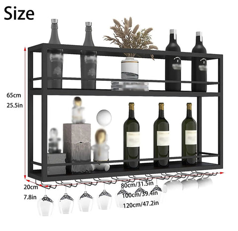 Top Shelf Wall Mounted Wine Rack With Dual Tier Wood And Metal Shelves For Bottles And Glasses Hella Ready Home Bar Display Stand That Knocks It Out Holding Your Liquor Collection In Matte Black with dimensions shown.
