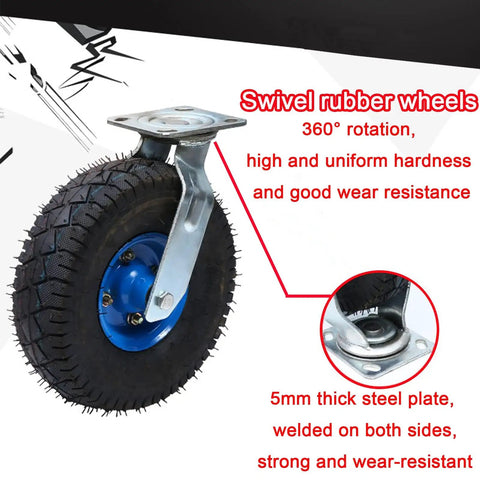 Beefed Up Heavy Duty Industrial Caster Wheels With Top Plate Swivel And Air Filled Rubber Casters Side Brakes For Furniture And Workbench Mobility Rolling Plate Casters For Trolleys And Workshop Gear, showing black rubber tire with blue hub and steel swivel top plate in focus.