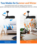 30 Inch Matte Black Ceiling Fan With Lights showing summer and winter modes in living rooms with airflow arrows.