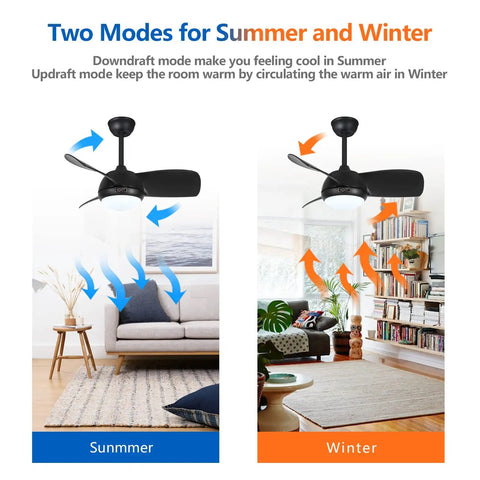 30 Inch Matte Black Ceiling Fan With Lights showing summer and winter modes in living rooms with airflow arrows.