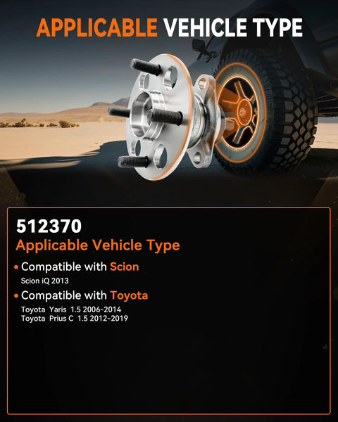 Image showing the 2-Pack 512370 Rear Wheel Bearing Hub Assembly Fits Toyota Yaris 2006-2014, Prius C 2012-2019, Scion iQ 2013.