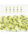 Ridiculously Durable Heat Shrink Solder Seal Wire Connectors 12 To 10 AWG Yellow 50 Pack displayed in a clear storage box.