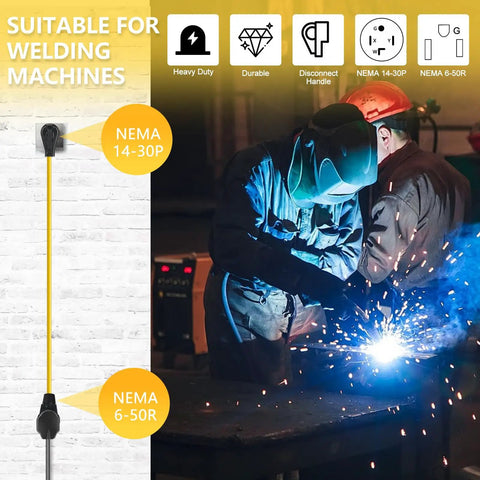 Welder Adapter Cord NEMA 14-30P To 6-50R next to welders working with sparks, heavy duty power cord for welding machine plasma cutter EV charger.