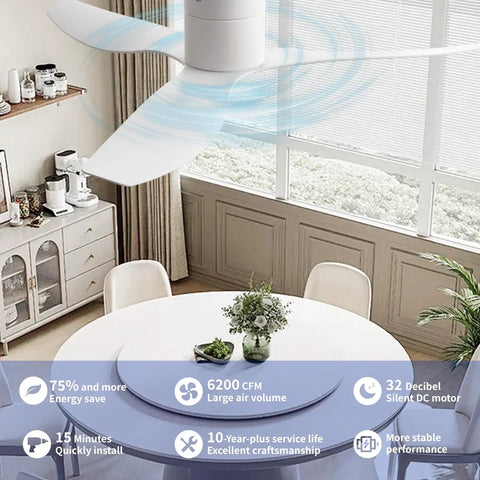 52 Inch White Ceiling Fan No Light Low Profile Flush Mount With Remote 6 Speed Quiet DC Motor Reversible Powerful Airflow in dining room