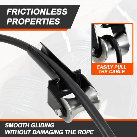 Close-up of Heavy Duty Cable Puller Sheave for 2 Inch Conduit featuring frictionless pro grade steel pulleys and smooth cable feed.