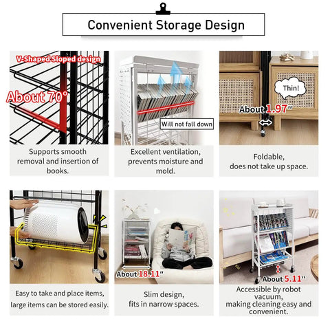 Foldable Six Tier Book Cart With Pegboard Space Saver Slim Rolling Utility Shelves Large Capacity V Shaped Shelves And Brake Wheels For Home And Office Storage White featuring V-shaped design and compact folding.