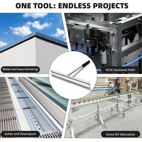 15.25 Inch Sheet Metal Hand Hemmer alloy steel seamer shown in roofing, HVAC ductwork, and DIY fabrication applications.