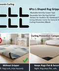 Diagram showing 8 Pack L Shaped Rug Grippers with curling prevention comparison on hardwood floors, black color.