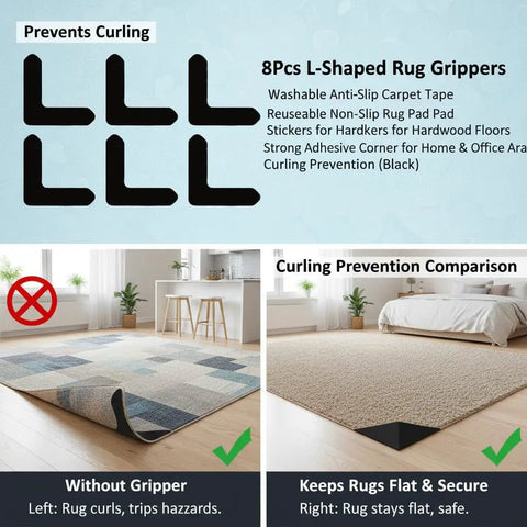 Diagram showing 8 Pack L Shaped Rug Grippers with curling prevention comparison on hardwood floors, black color.
