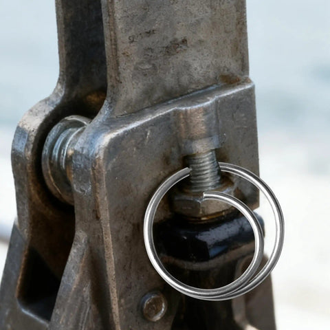 Close-up of stainless steel cotter ring installed on a metal joint, part of 80 Piece Stainless Steel Cotter Ring Kit With Five Sizes