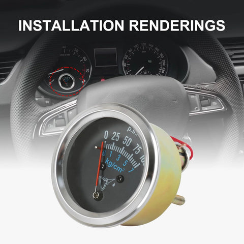 12V oil pressure gauge kit installation rendering with 0-100 PSI display for universal car fit, featuring night light for easy reading.