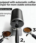 Level Up Your Morning Brew Routine With This Dead Nuts Automatic Coffee Tamper For 58mm Portafilters Featuring Precise Digital Pressure Settings And Totally Consistent Ground Compaction, showing coffee tamper and portafilters.
