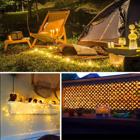 99 Ft 300 LED Copper String Lights With Remote, Dimmable Outdoor Fairy Lights illuminating garden, tent, and indoor wall decor.
